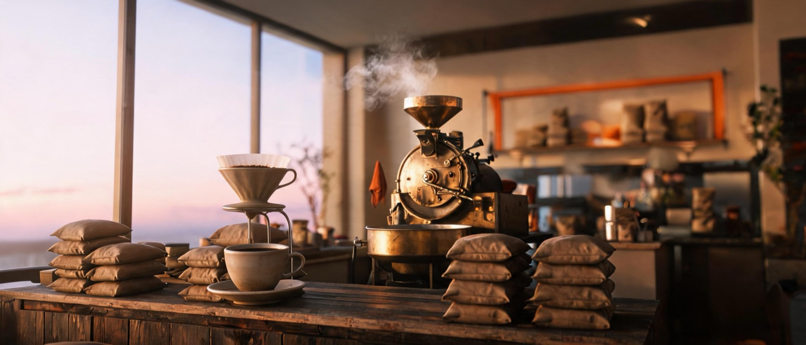 Embercraft template cover: a coffee cup on a wooden counter in warm morning light
